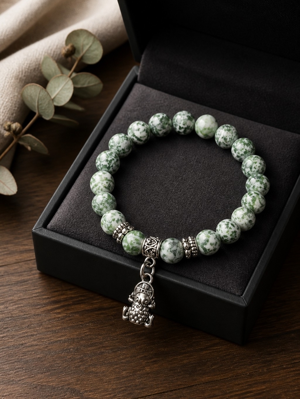 Green Tree Agate Beaded Charm Bracelet - Money Frog Charm